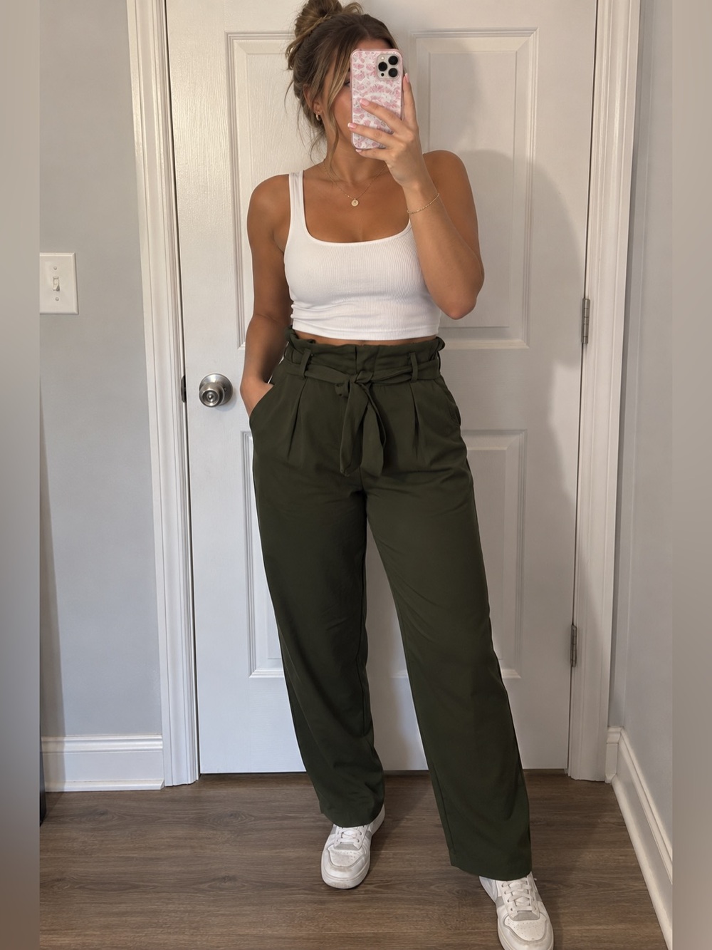 Olive Green Paperbag Waist Tie Pants XS High Waisted Trousers